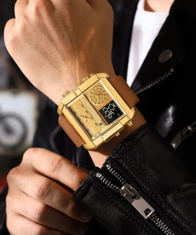Montre POEDAGAR, grand cadran tendance, bracelet en cuir, une montre, trois fuseaux horaires
