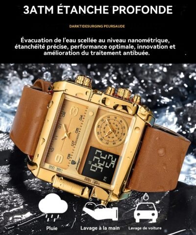 Montre POEDAGAR, grand cadran tendance, bracelet en cuir, une montre, trois fuseaux horaires